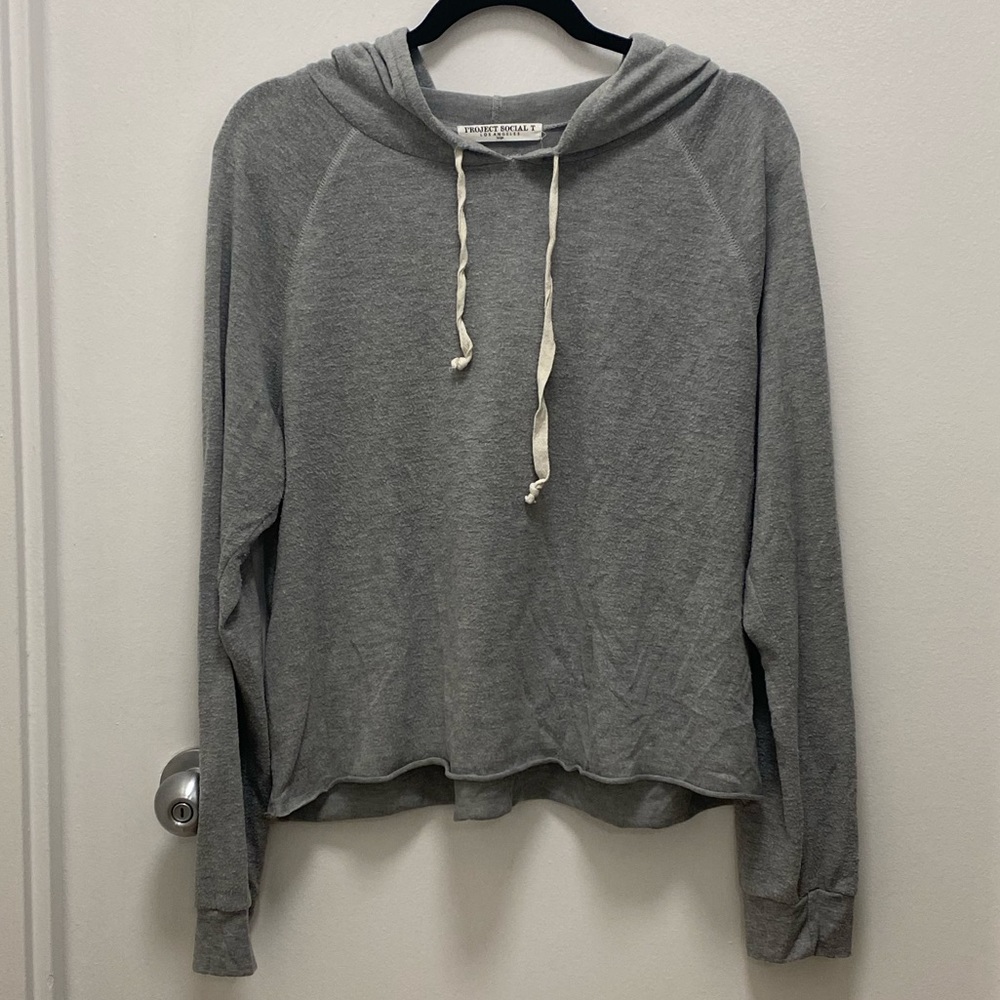 Gray hooded hoodie sweatshirt from Project Social T lightweight with drawstrings